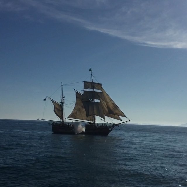 The Hawaiian Chieftan fires a broadside at us. We were aboard the Lady Washington off Oxnard, CA #tallships