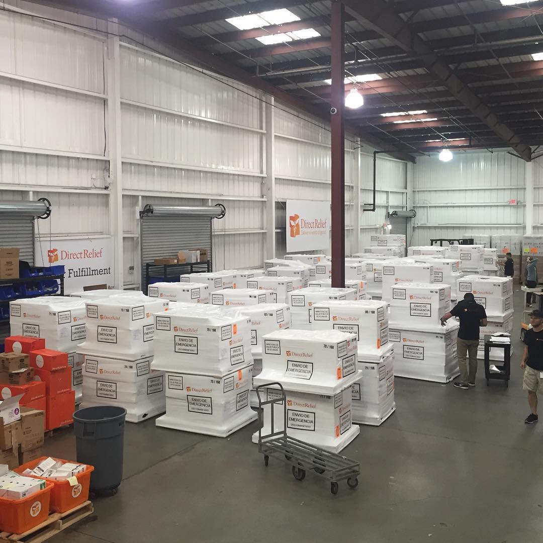 Inside the @directrelief warehouse, 168 pallets of medical relief supplies being readied for shipment to #Ecuador to support their earthquake recovery
