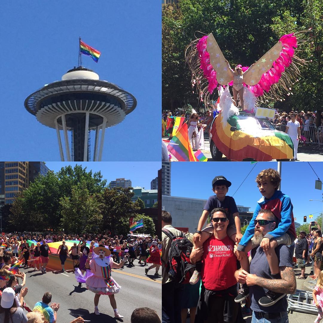 At the Seattle Pride Parade with good friends and family. Great to be back here.